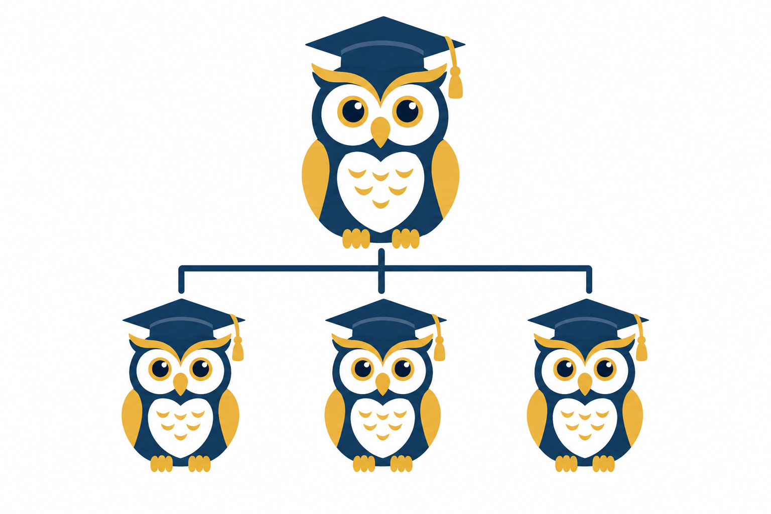 An owl in a graduation cap at the top of a hierarchy, connected by downtrace lines to owls on each branch